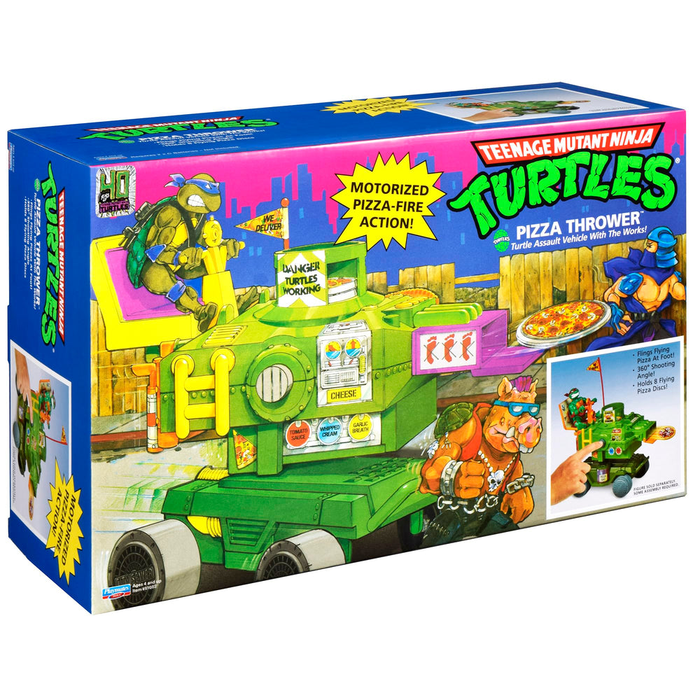 PlayMates TMNT Pizza Thrower Vehicle packaging shows content and setup tips.