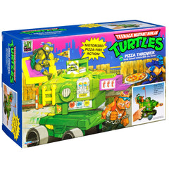 PlayMates TMNT Pizza Thrower Vehicle packaging shows content and setup tips.