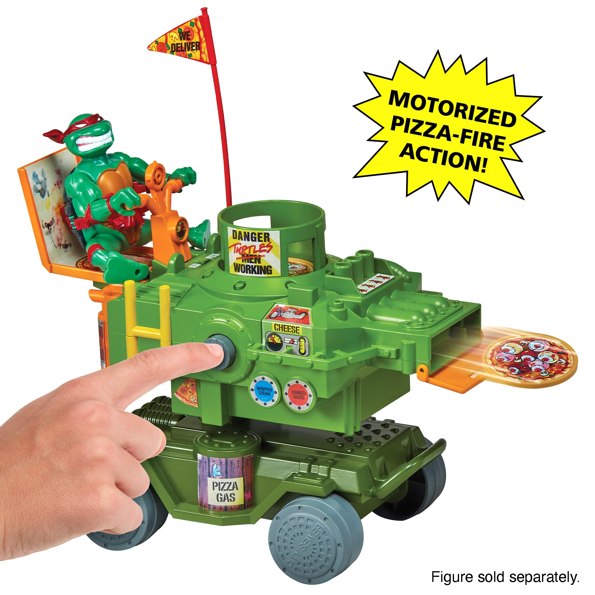 PlayMates TMNT Pizza Thrower Vehicle rear view shows accessible disc loading.