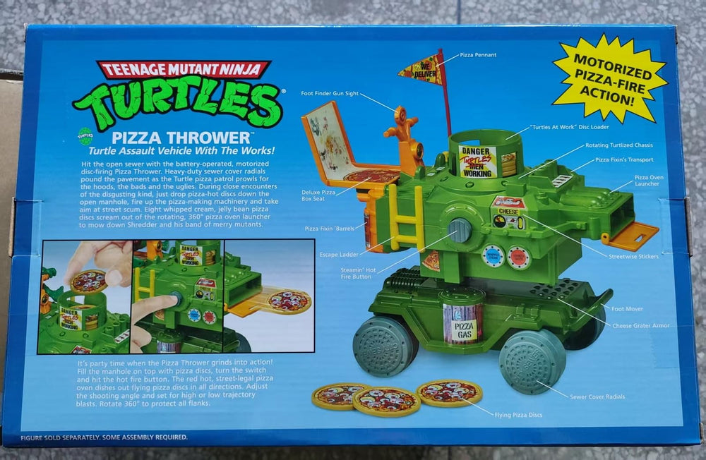PlayMates TMNT Pizza Thrower Vehicle side view highlights rotating launcher for dynamic adventures.