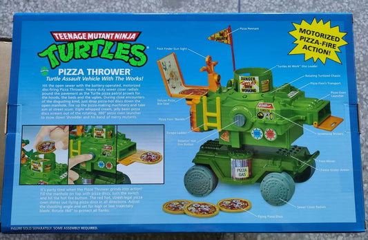 PlayMates TMNT Pizza Thrower Vehicle side view highlights rotating launcher for dynamic adventures.