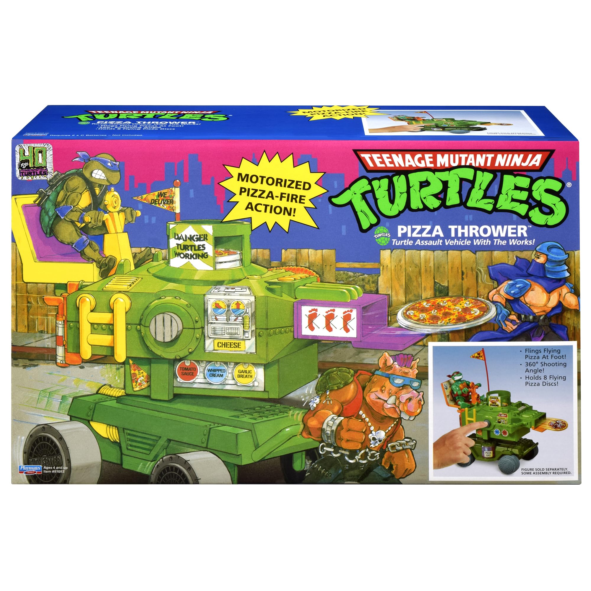 PlayMates TMNT Pizza Thrower Vehicle wheel detail supports rugged play.