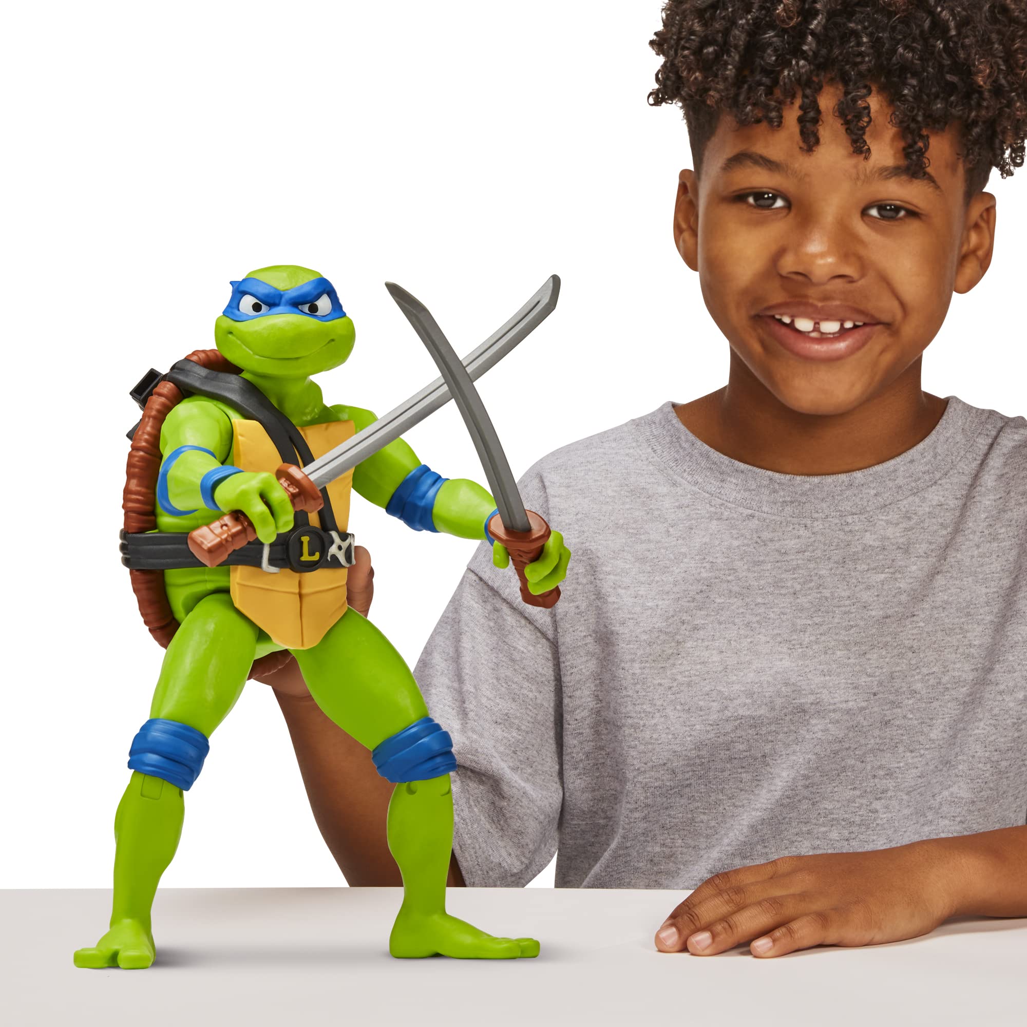 Playmates TMNT Leonardo poseable figure with seven articulation points for dynamic poses.