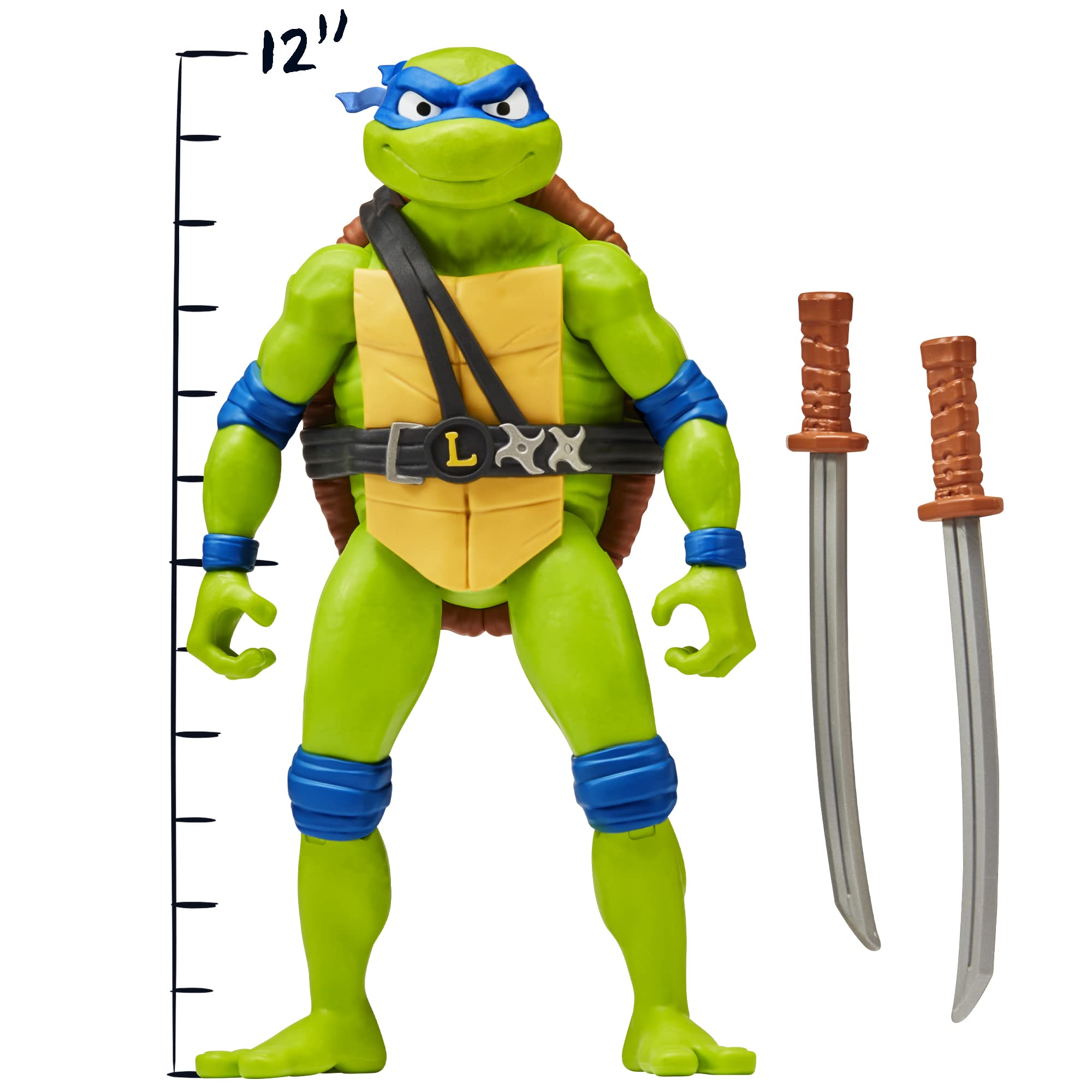 Playmates TMNT Mutant Mayhem Leonardo figure with twin katanas ready for battle display.