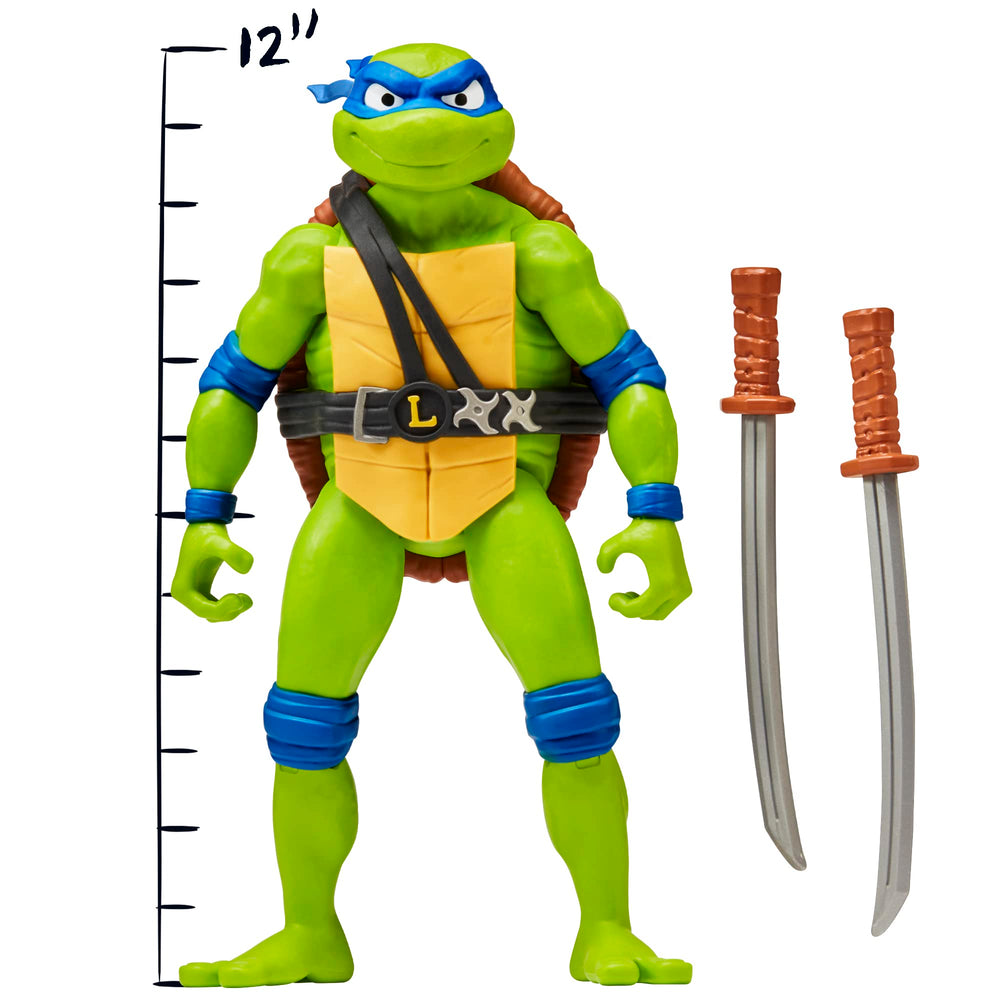 Playmates TMNT Mutant Mayhem Leonardo figure with twin katanas ready for battle display.