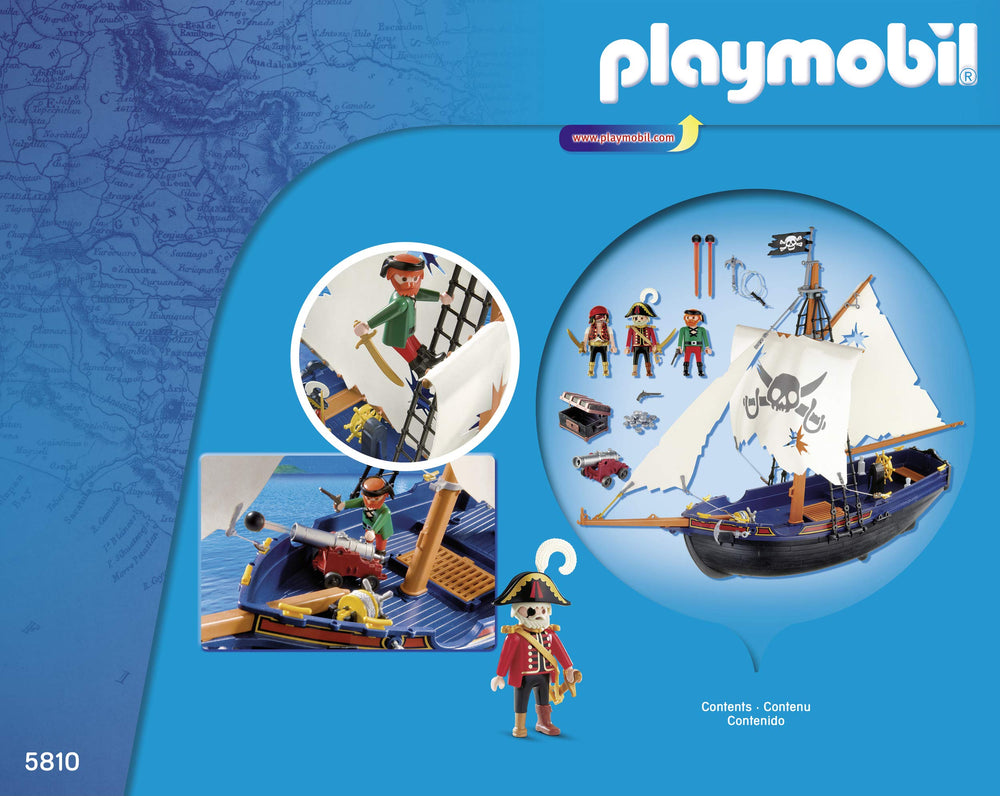 Playmobil 5810 pirate ship sails close-up, highlighting detailed rigging for adventurous storytelling.
