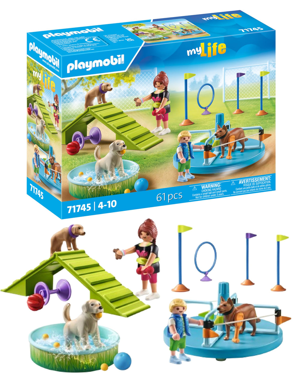 Playmobil Dog Park overview with figures, dogs, and pool for creative outdoor play.