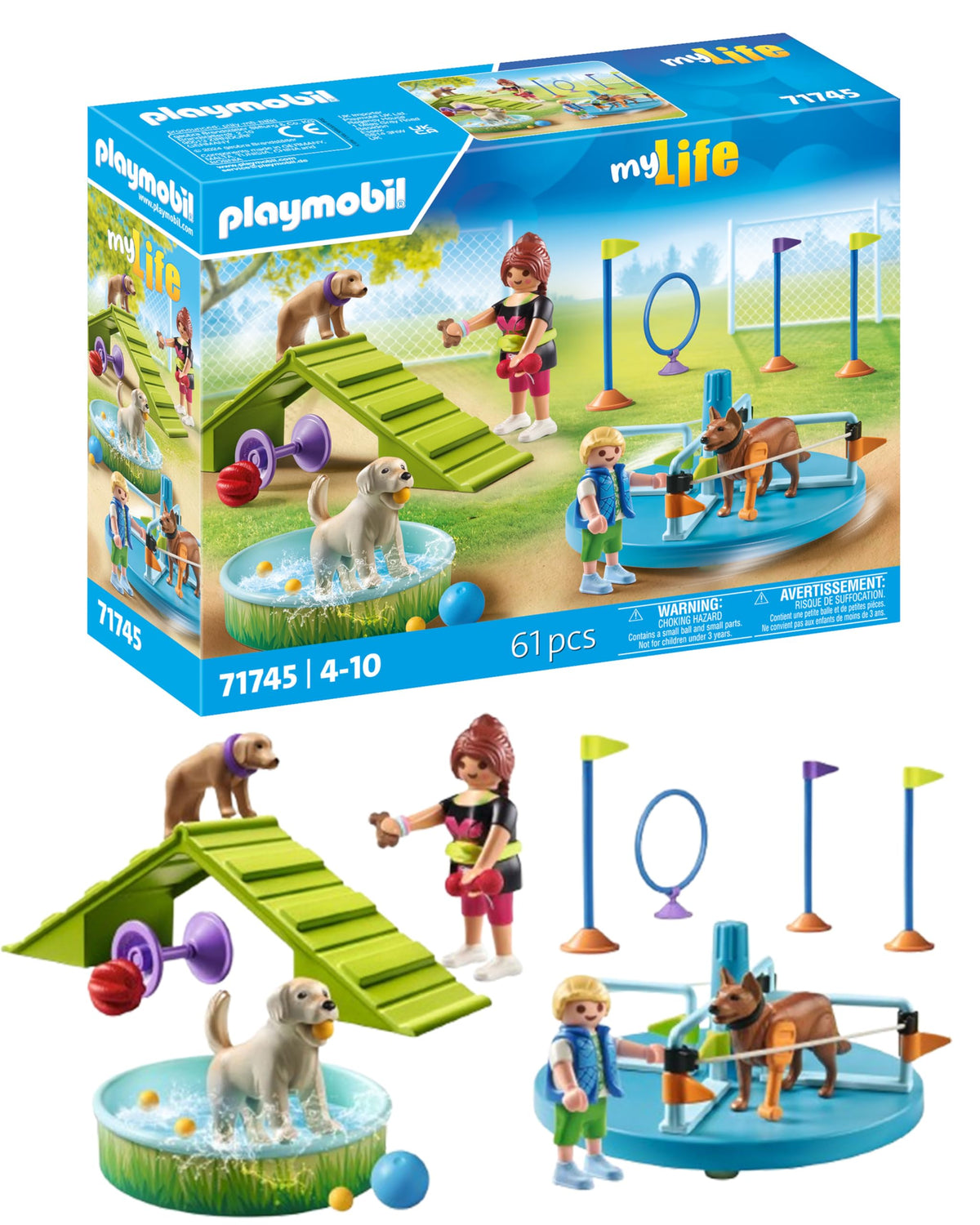 Playmobil Dog Park overview with figures, dogs, and pool for creative outdoor play.