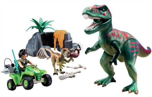 Playmobil Explorer Quad with T-Rex front view, ideal for dynamic dinosaur adventures.