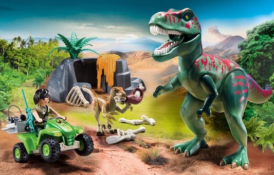 Playmobil Explorer Quad with T-Rex rear view, supports imaginative storytelling play.
