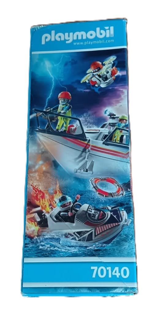 Playmobil Fire Rescue fire boat scene captures dramatic rescue action.