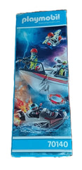 Playmobil Fire Rescue fire boat scene captures dramatic rescue action.
