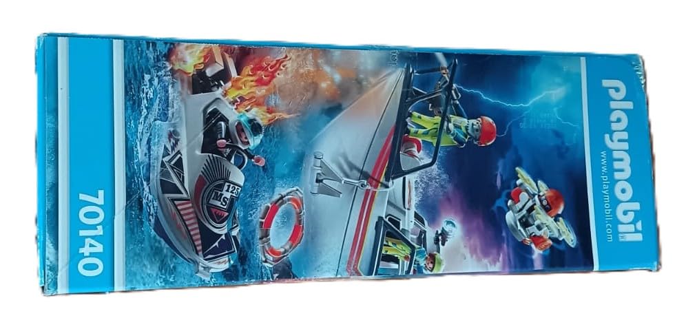 Playmobil Fire Rescue speedboat detail highlights; quick water mobility.
