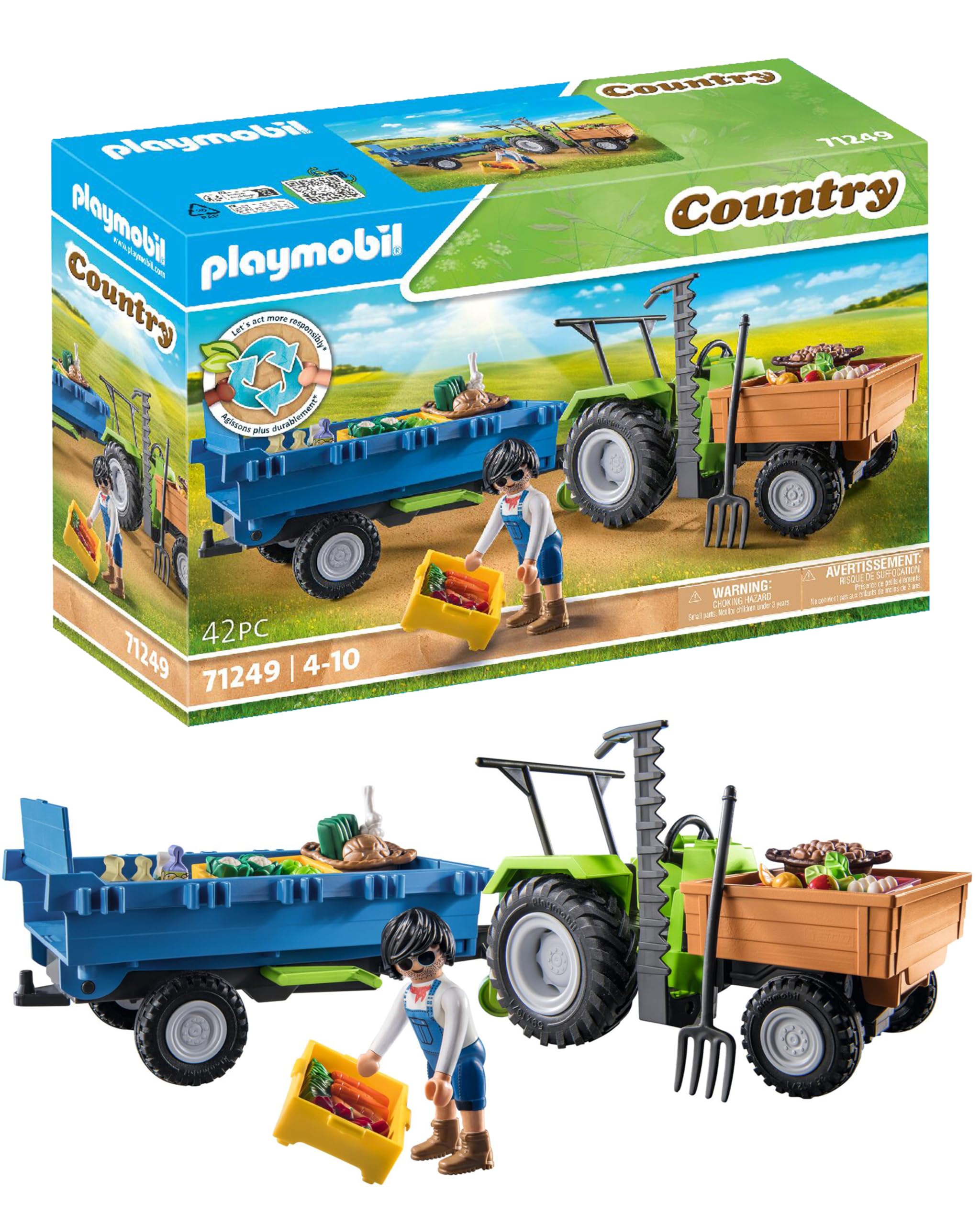 Playmobil Harvester Tractor with Trailer bed tilt enables effortless unloading during play.