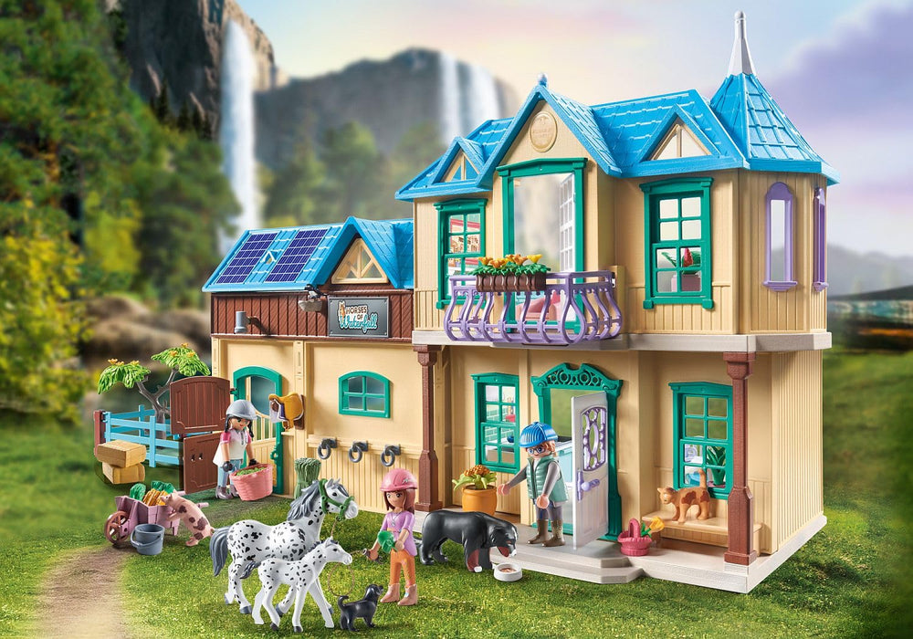 Playmobil Horses of Waterfall Ranch riding lesson with instructor and horse.