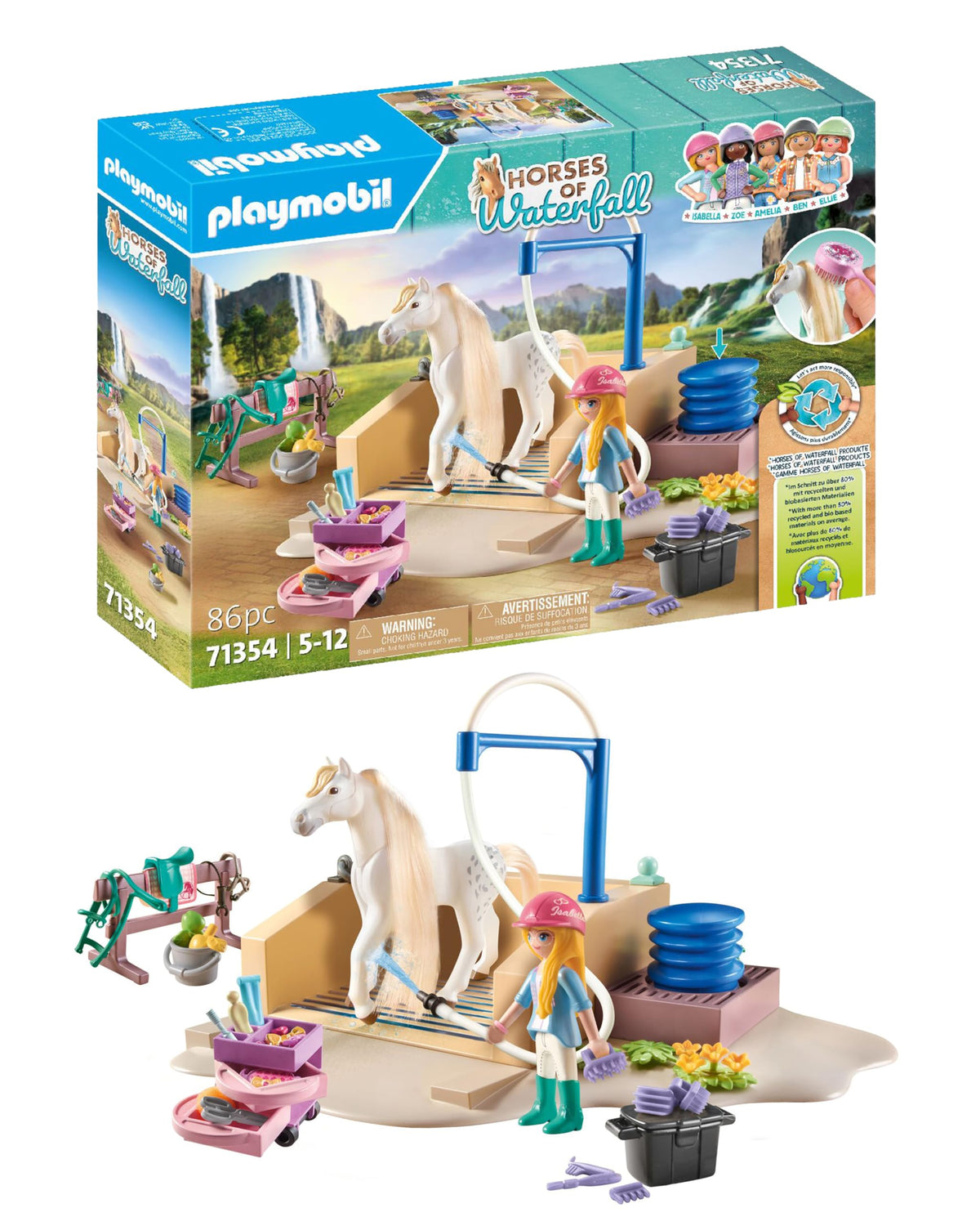 Playmobil Horses of Waterfall washing station scene for imaginative grooming and water play.