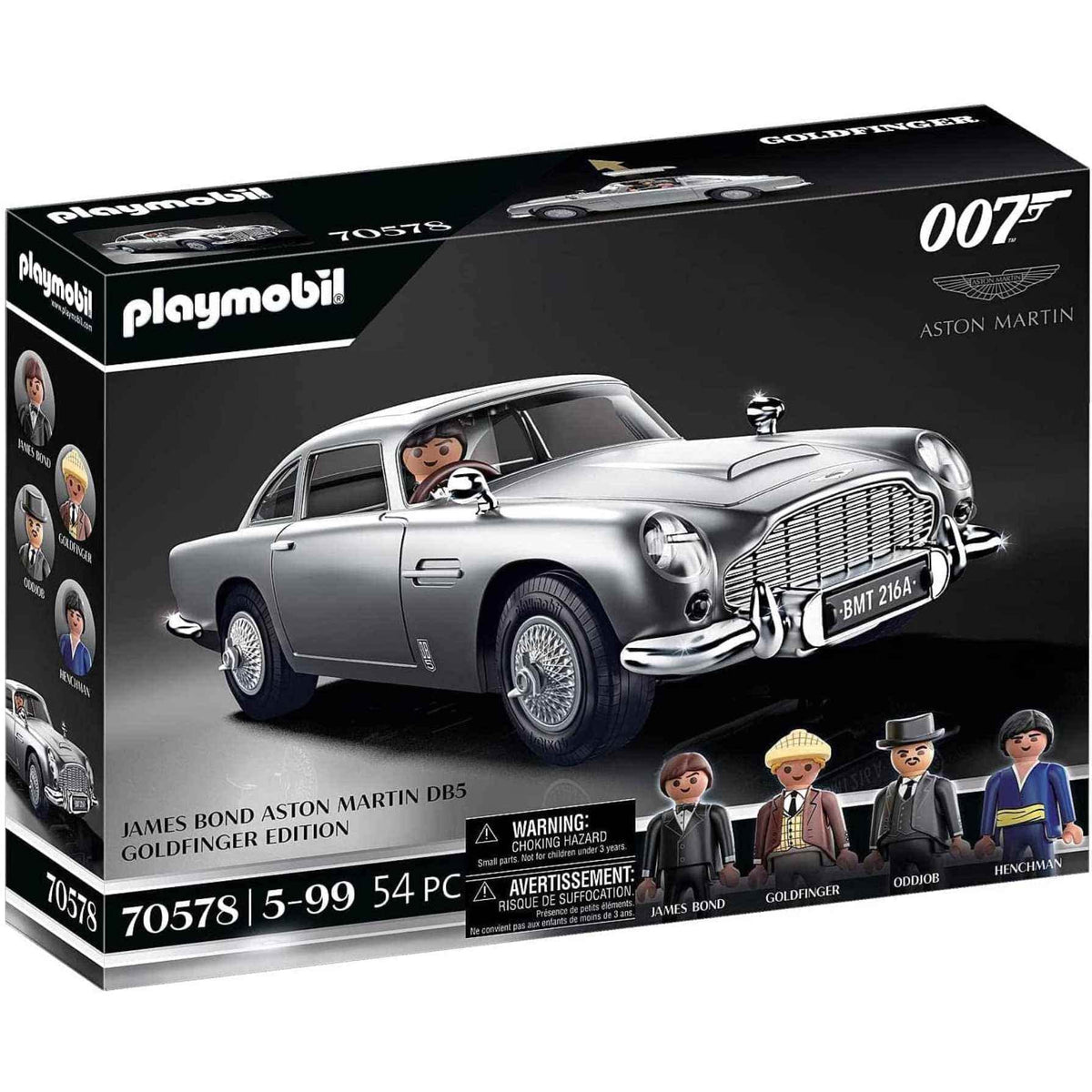 Playmobil James Bond Aston Martin DB5 with roof on for iconic spy play.