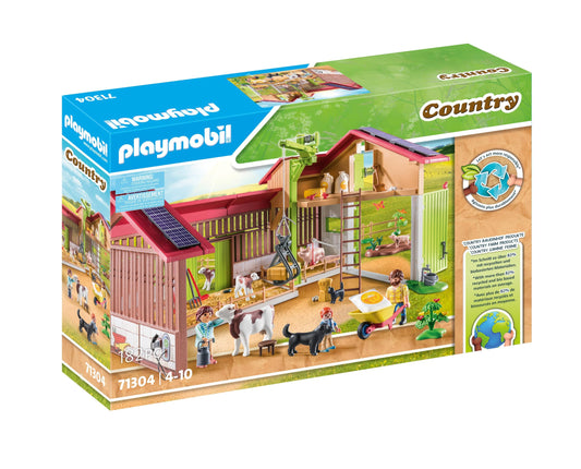 Playmobil Large Farm barn with solar panels for eco-friendly pretend play and energy awareness.