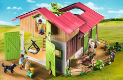 Playmobil Large Farm crane lifts hay bales for realistic farm logistics.
