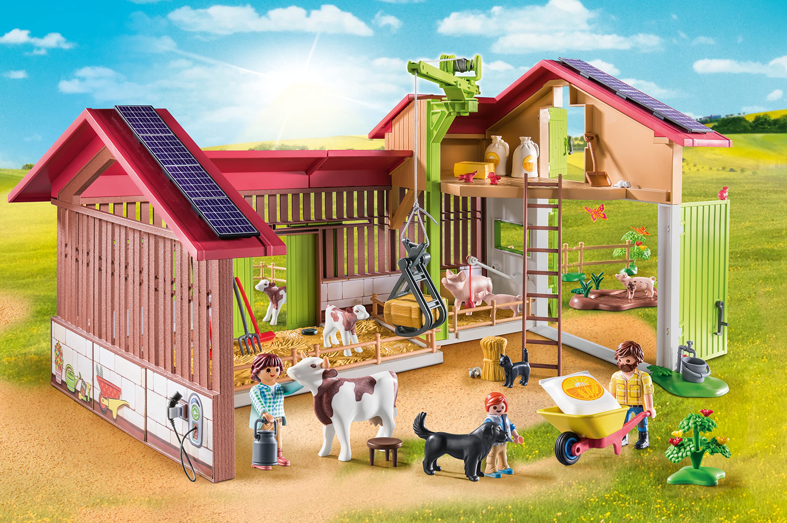 Playmobil Large Farm electric charging station scene showing tech-friendly farming imagination.