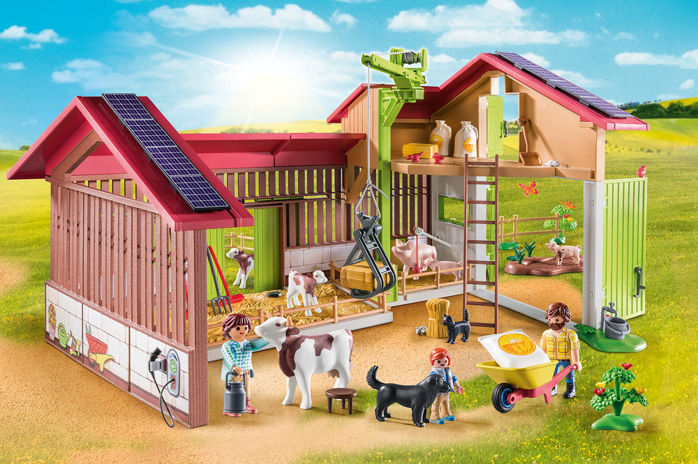 Playmobil Large Farm electric charging station scene showing tech-friendly farming imagination.