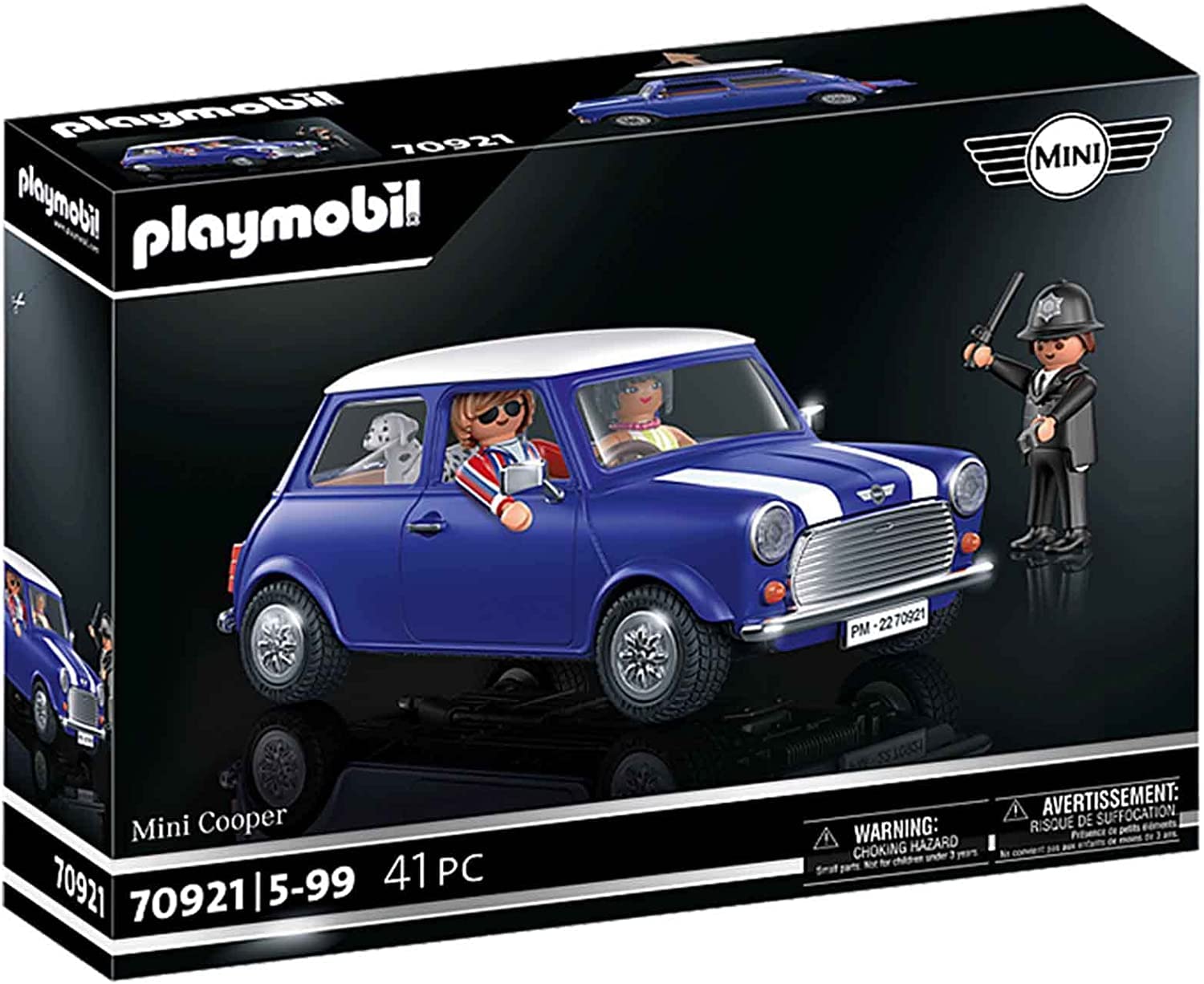 Playmobil Mini Cooper front view with chrome accents and iconic compact styling.