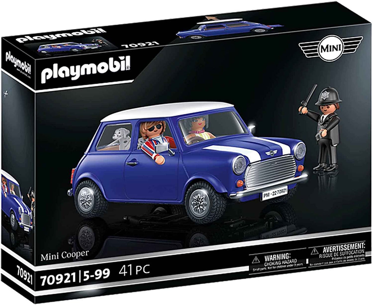 Playmobil Mini Cooper front view with chrome accents and iconic compact styling.