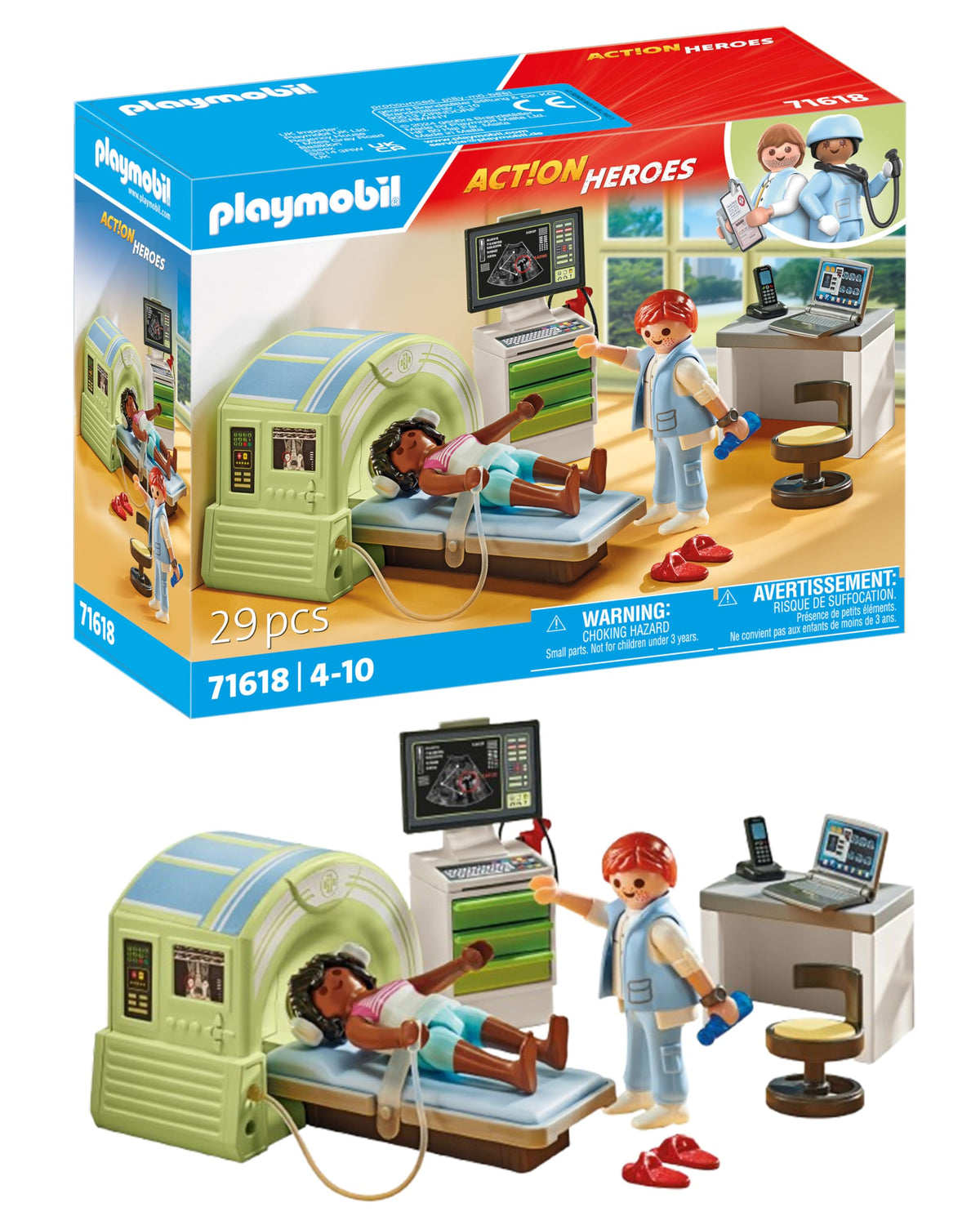 Playmobil MRI with Child: patient on the bed ready for a calming mock exam