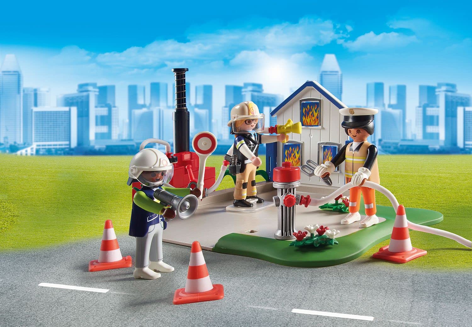 Playmobil My Figures: Rescue Mission house front with flaming windows in scene