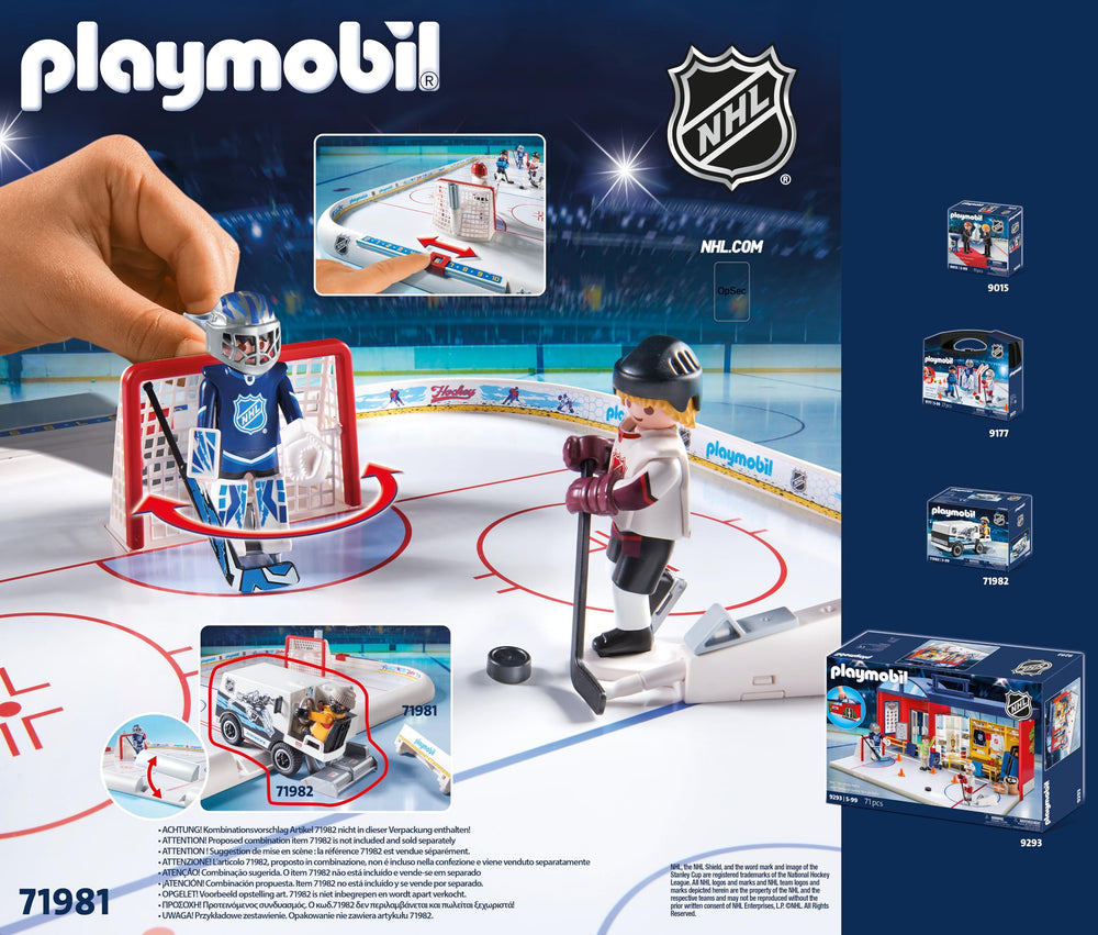 Playmobil NHL Hockey Arena box contents show complete setup.
