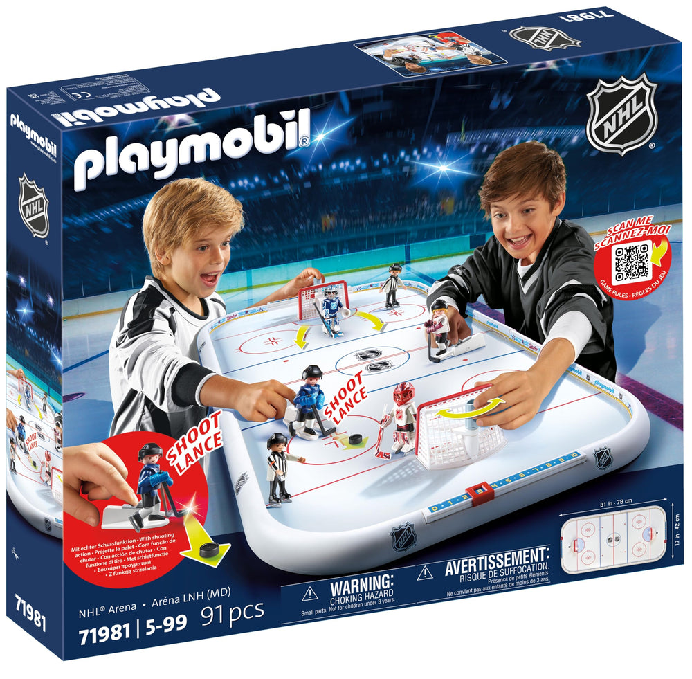 Playmobil NHL Hockey Arena front view with action ready players.
