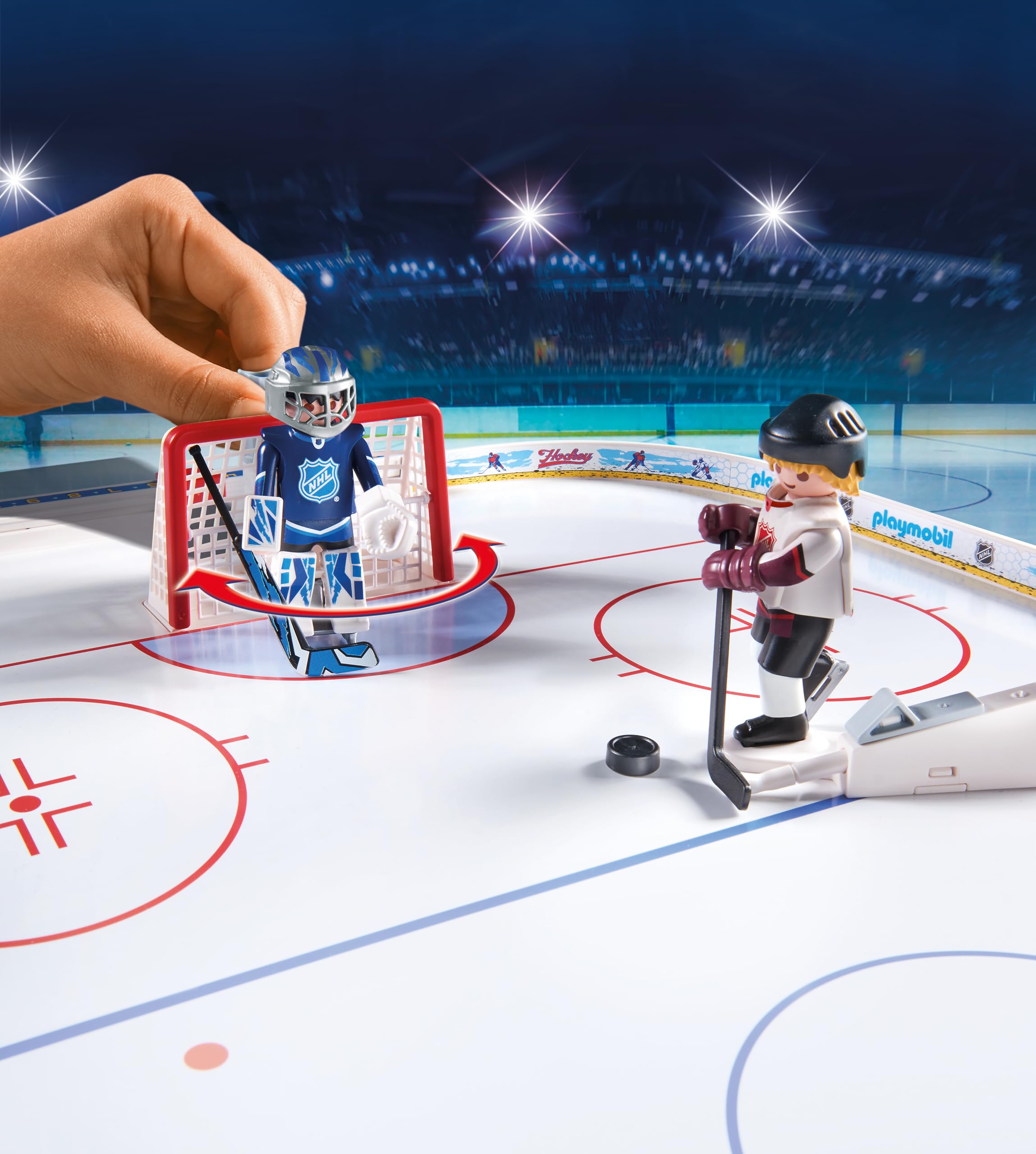Playmobil NHL Hockey Arena goalie in motion for defense and blocks.
