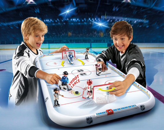 Playmobil NHL Hockey Arena players in action demonstrating realistic stick handling.