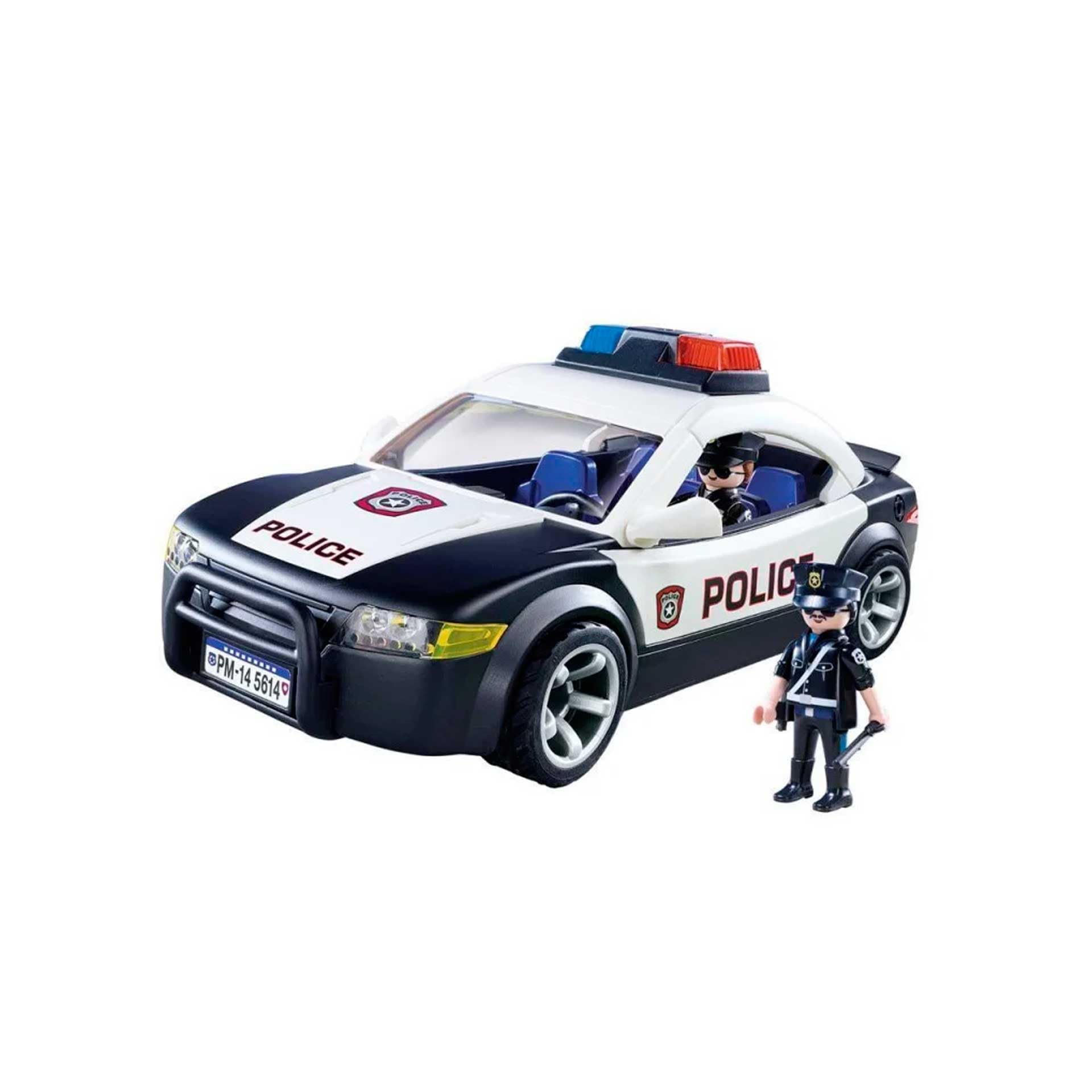 Playmobil Police Cruiser trunk opens to store extra gear for adventures.
