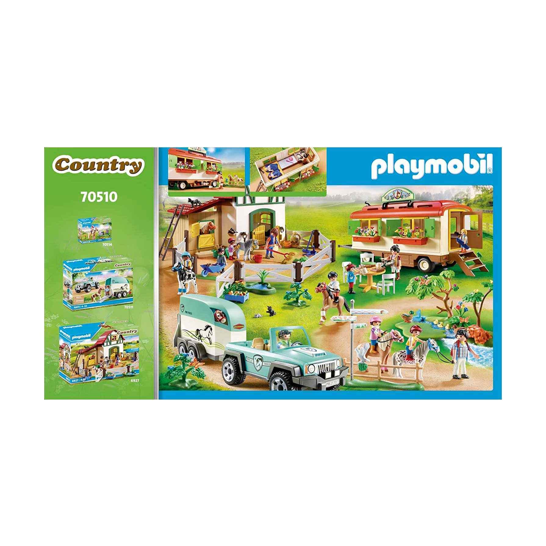 Playmobil ponies near shelter with exterior storage cabinets for gear.