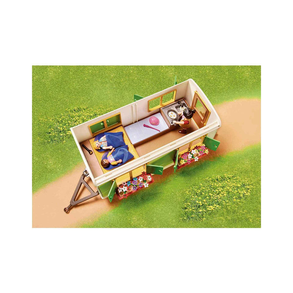 Playmobil Pony Shelter mobile home sleeping area with double bed for night rests.