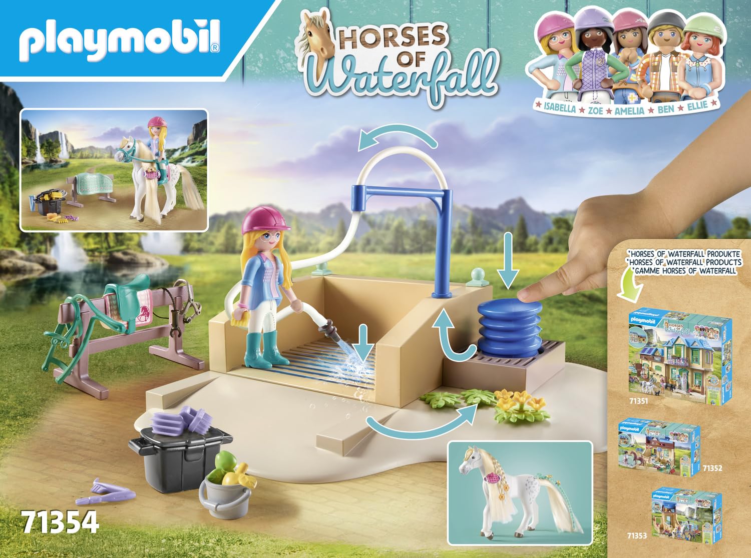 Playmobil riding helmet and grooming tools add realistic play details.