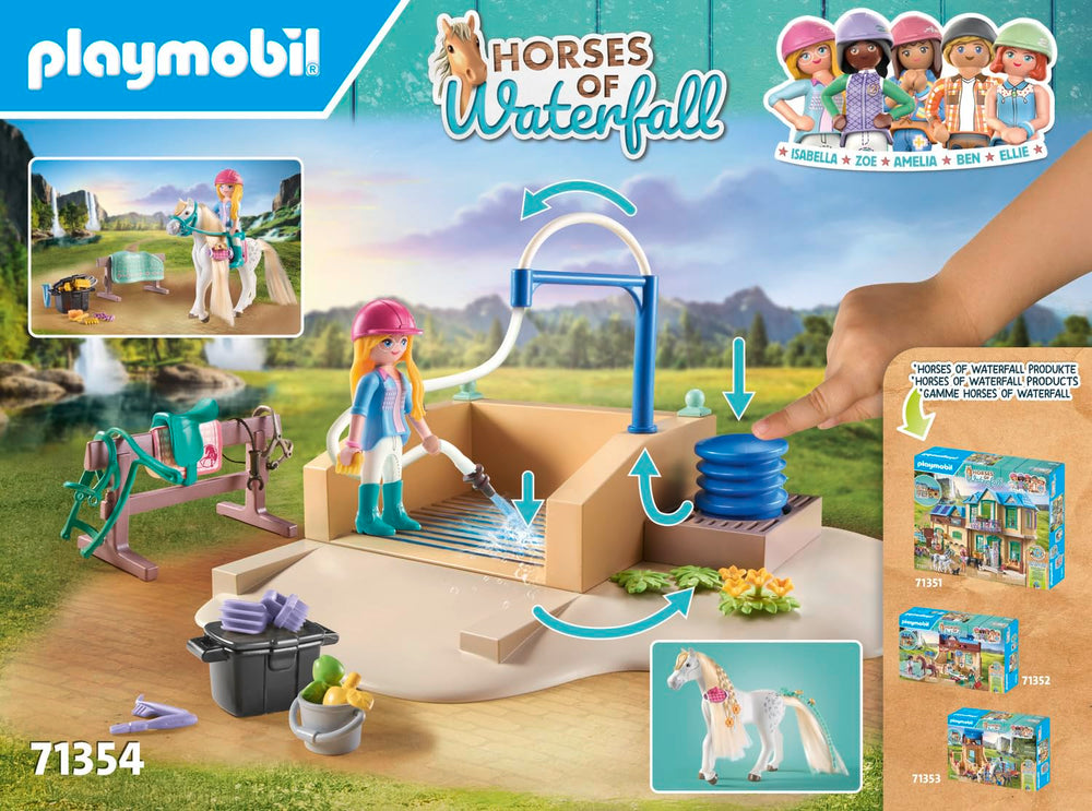 Playmobil riding helmet and grooming tools add realistic play details.