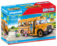 Playmobil School Bus front lights illuminate scenes for imaginative travel.