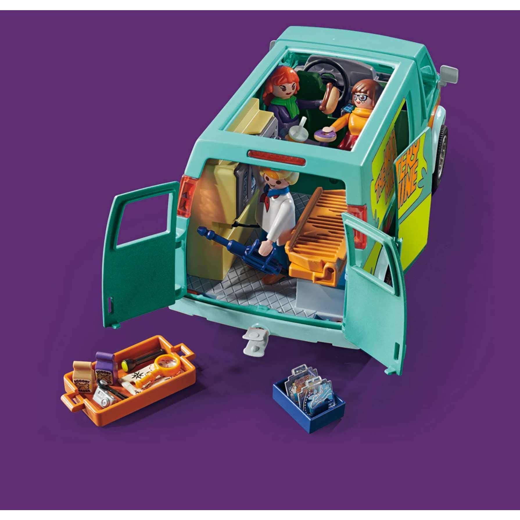 Playmobil Scooby-Doo Mystery Machine rear doors open for interactive gadget play.
