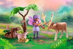Playmobil Starter Pack Fairies decorating deer with blossoms — delightful color detail for stories.