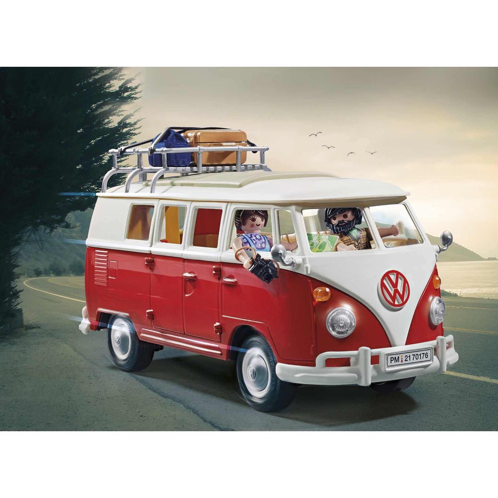 Playmobil Volkswagen T1 Camping Bus interior showcases mini-kitchen and seating for imaginative travel.