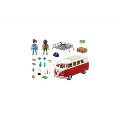 Playmobil Volkswagen T1 Camping Bus roof-access demo emphasizes interior access for storytelling play.