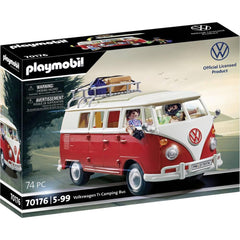 Playmobil Volkswagen T1 Camping Bus exterior view highlighting classic camper styling and road-trip appeal.