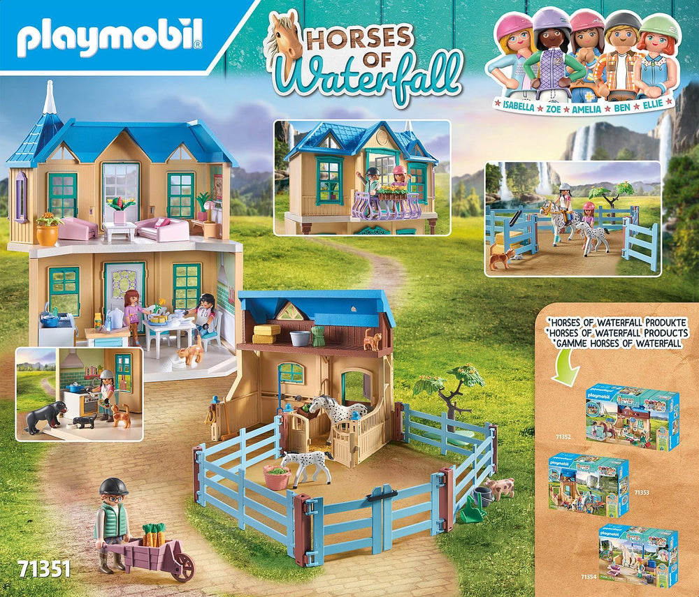 Playmobil Waterfall Ranch animals including dog, cat, and pigs for farm life scenes.