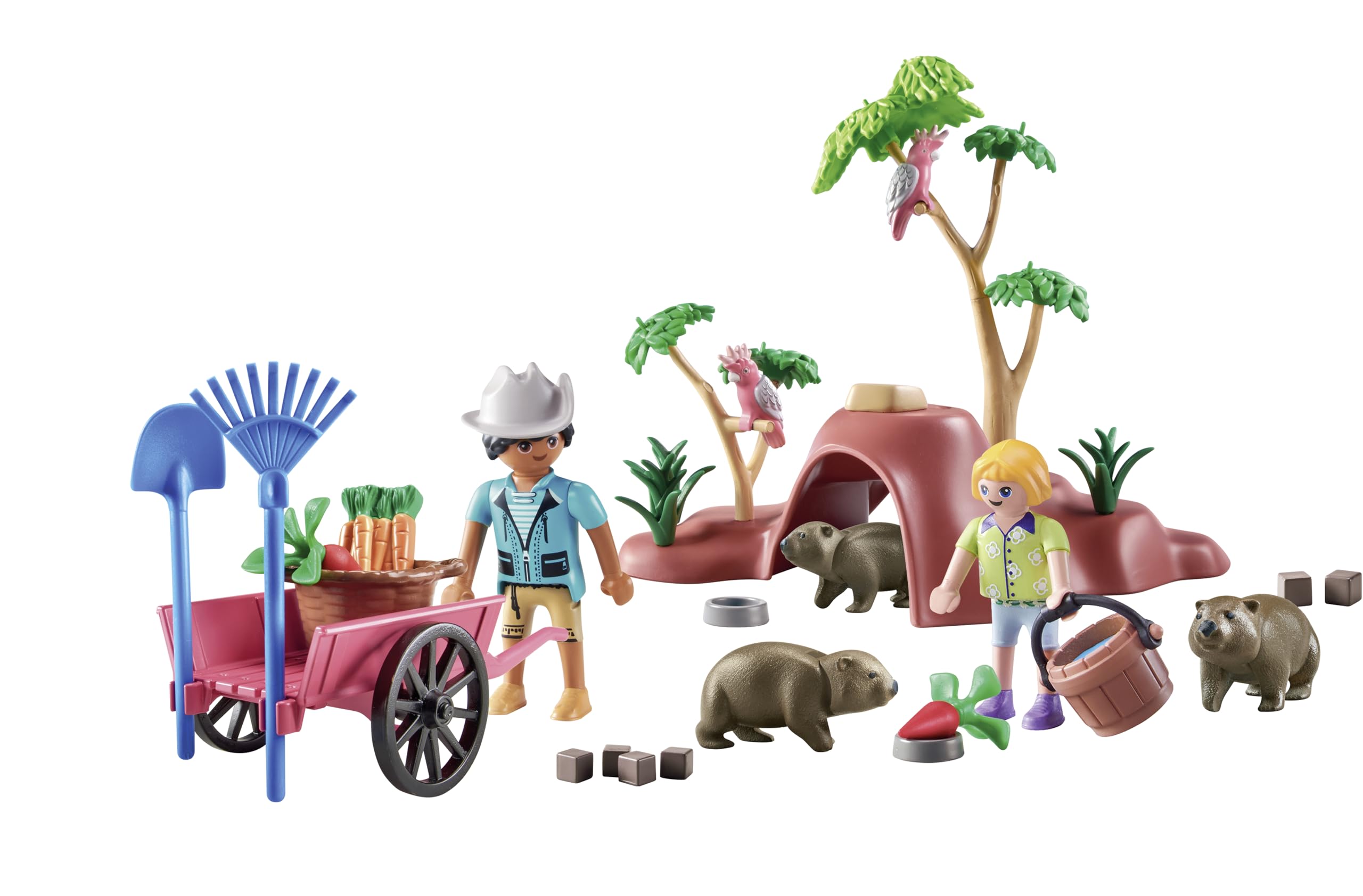 Playmobil Wiltopia wheelbarrow with supplies enables imaginative chores.