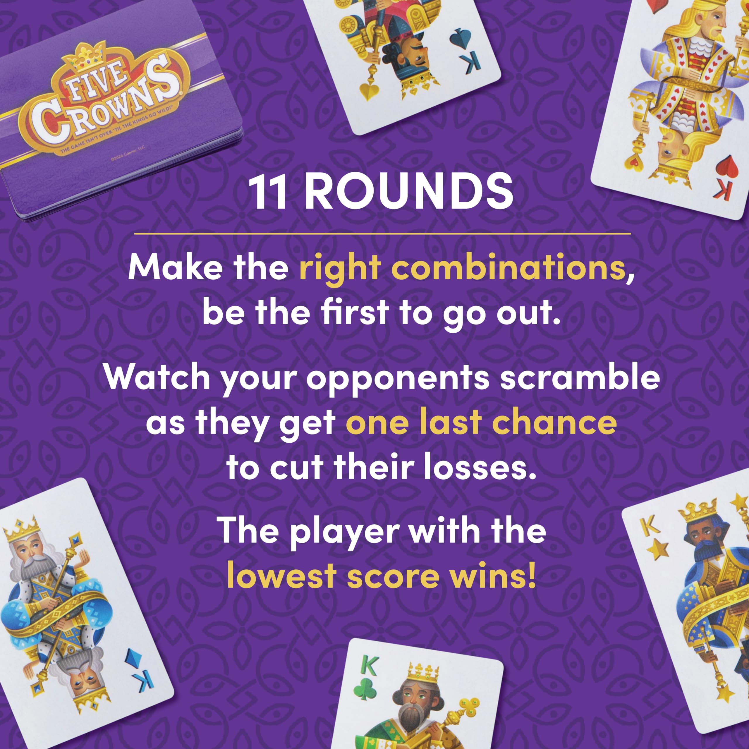 PlayMonster Five Crowns players holding cards during a lively round