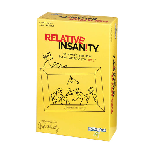 PlayMonster Relative Insanity card game setup with punchline cards for laughs