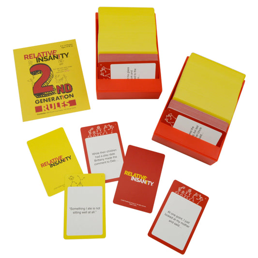 PlayMonster Relative Insanity setup card signals quick storytelling and laughs.