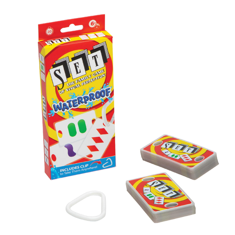 PlayMonster SET cards with travel clip for portable, mess-free play.